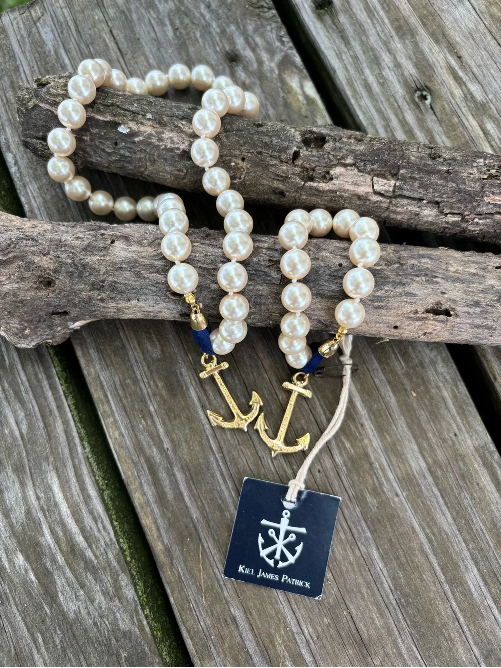 Kiel James Patrick Pearl Bead Necklace with Gold Anchor Charm and Navy Accent